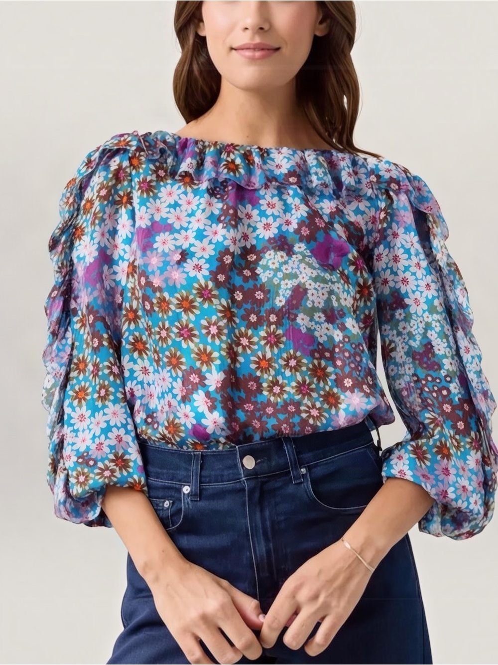 Kate Spade Pacific Petals Silk Floral Ruffle Blouse Top Blue Small